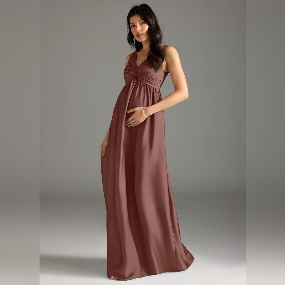 Azazie Yetta A-Line V-Neck Gathered Chiffon Floor-Length Dress Espresso NWT